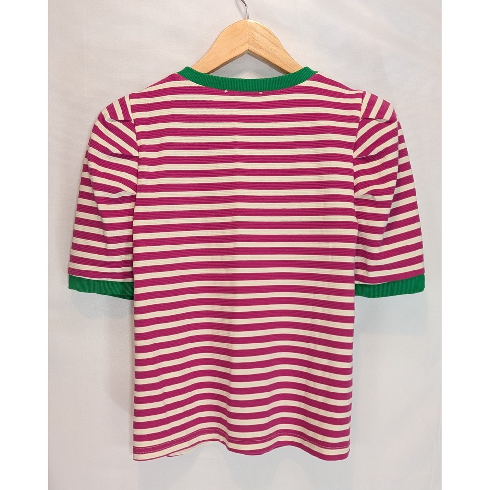 Entro Magenta White Striped Puff Sleeve Knit Top Green Trim Small - Picture 3 of 4